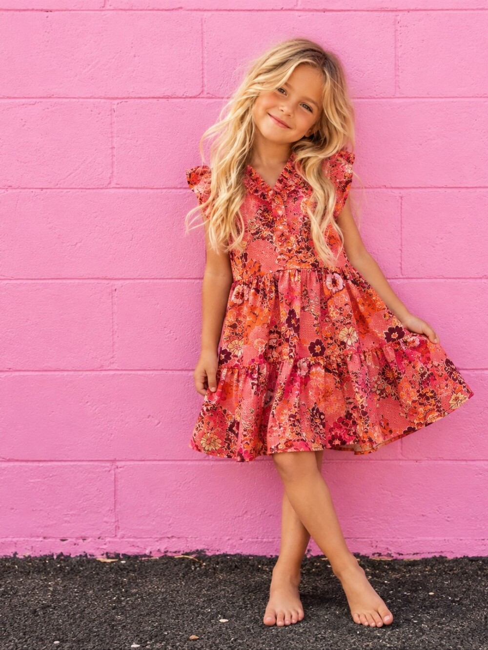 A Loves A Girls 6X Coral Floral Ruffle Tiered Boho Dress 100% Cotton